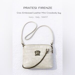 Pratesi Firenze Croc-Embossed Leather Mini Crossbody Bag Ivory Italy